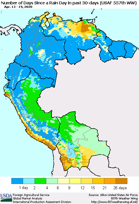 Northern South America Number of Days Since a Rain Day in past 30 days (USAF 557th WW) Thematic Map For 4/13/2020 - 4/19/2020