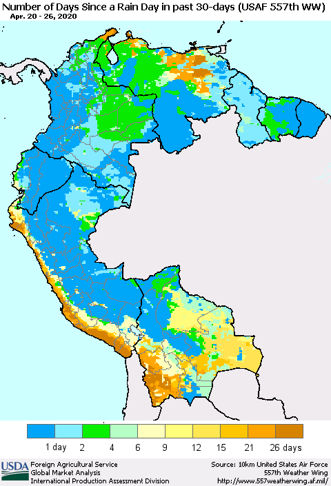 Northern South America Number of Days Since a Rain Day in past 30 days (USAF 557th WW) Thematic Map For 4/20/2020 - 4/26/2020