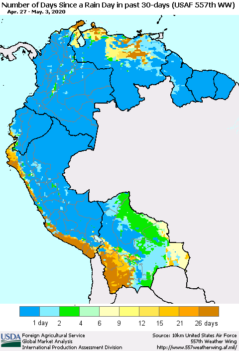 Northern South America Number of Days Since a Rain Day in past 30 days (USAF 557th WW) Thematic Map For 4/27/2020 - 5/3/2020