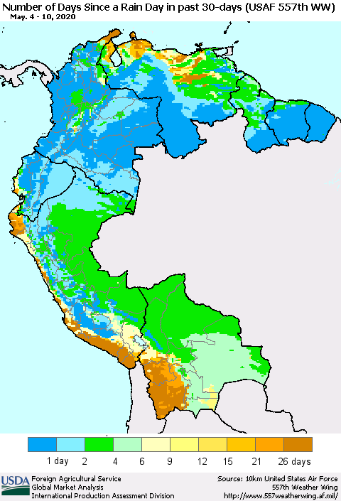 Northern South America Number of Days Since a Rain Day in past 30 days (USAF 557th WW) Thematic Map For 5/4/2020 - 5/10/2020