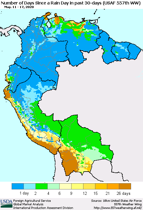 Northern South America Number of Days Since a Rain Day in past 30 days (USAF 557th WW) Thematic Map For 5/11/2020 - 5/17/2020