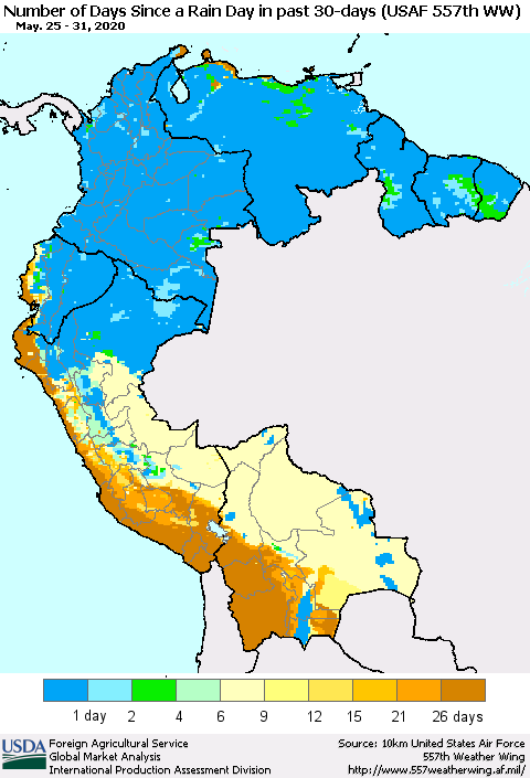 Northern South America Number of Days Since a Rain Day in past 30 days (USAF 557th WW) Thematic Map For 5/25/2020 - 5/31/2020