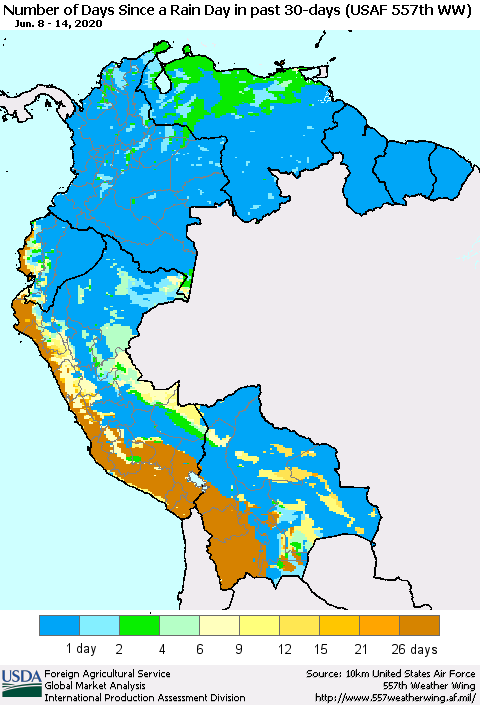 Northern South America Number of Days Since a Rain Day in past 30 days (USAF 557th WW) Thematic Map For 6/8/2020 - 6/14/2020