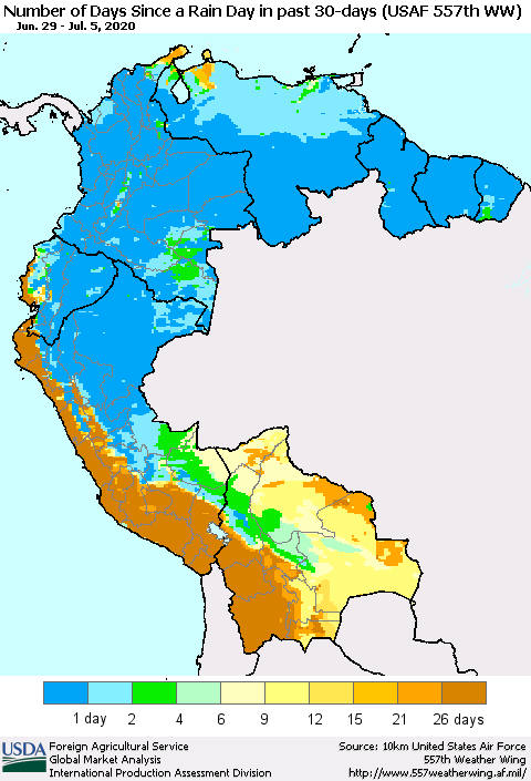 Northern South America Number of Days Since a Rain Day in past 30 days (USAF 557th WW) Thematic Map For 6/29/2020 - 7/5/2020