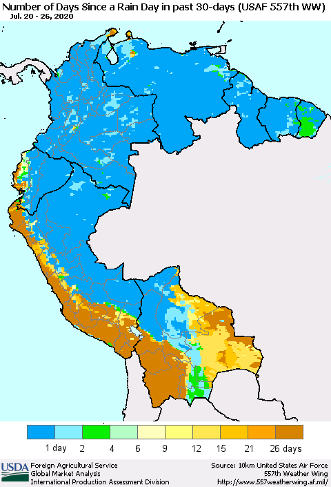 Northern South America Number of Days Since a Rain Day in past 30 days (USAF 557th WW) Thematic Map For 7/20/2020 - 7/26/2020