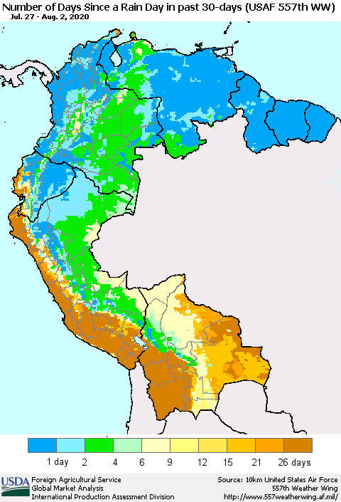 Northern South America Number of Days Since a Rain Day in past 30 days (USAF 557th WW) Thematic Map For 7/27/2020 - 8/2/2020