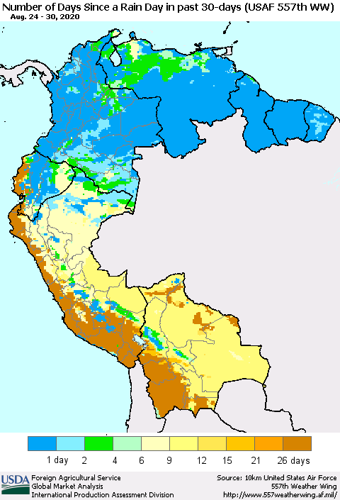 Northern South America Number of Days Since a Rain Day in past 30 days (USAF 557th WW) Thematic Map For 8/24/2020 - 8/30/2020