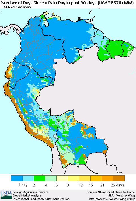 Northern South America Number of Days Since a Rain Day in past 30 days (USAF 557th WW) Thematic Map For 9/14/2020 - 9/20/2020