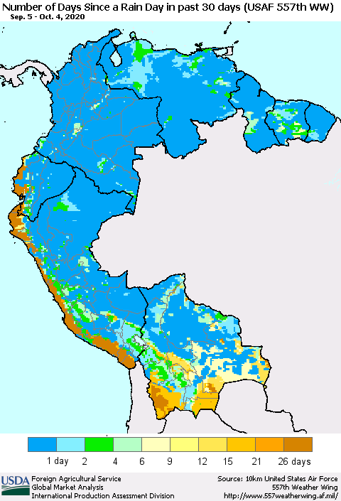Northern South America Number of Days Since a Rain Day in past 30 days (USAF 557th WW) Thematic Map For 9/28/2020 - 10/4/2020
