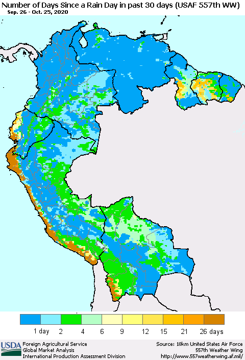 Northern South America Number of Days Since a Rain Day in past 30 days (USAF 557th WW) Thematic Map For 10/19/2020 - 10/25/2020
