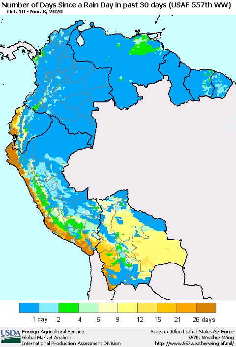 Northern South America Number of Days Since a Rain Day in past 30 days (USAF 557th WW) Thematic Map For 11/2/2020 - 11/8/2020