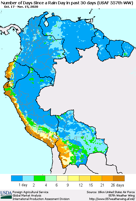 Northern South America Number of Days Since a Rain Day in past 30 days (USAF 557th WW) Thematic Map For 11/9/2020 - 11/15/2020