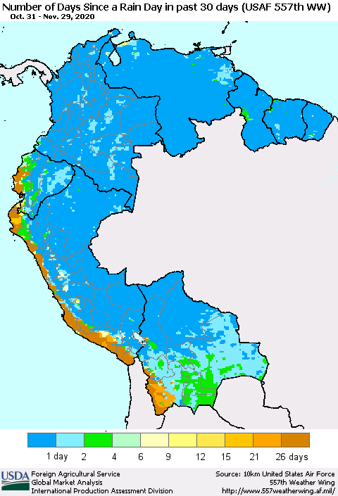 Northern South America Number of Days Since a Rain Day in past 30 days (USAF 557th WW) Thematic Map For 11/23/2020 - 11/29/2020