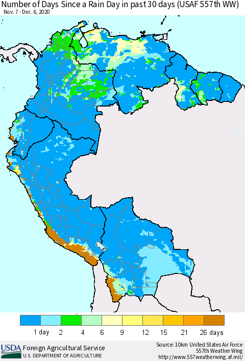 Northern South America Number of Days Since a Rain Day in past 30 days (USAF 557th WW) Thematic Map For 11/30/2020 - 12/6/2020