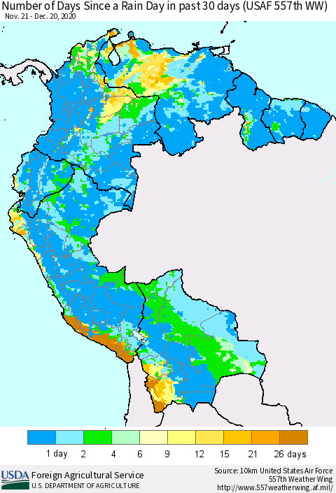 Northern South America Number of Days Since a Rain Day in past 30 days (USAF 557th WW) Thematic Map For 12/14/2020 - 12/20/2020