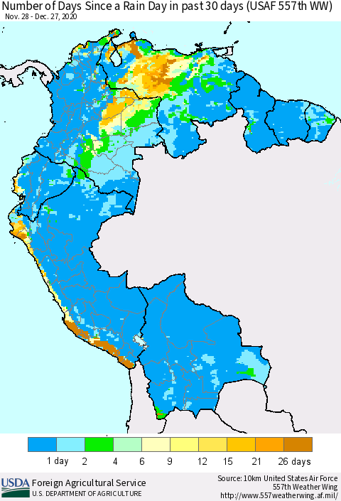 Northern South America Number of Days Since a Rain Day in past 30 days (USAF 557th WW) Thematic Map For 12/21/2020 - 12/27/2020