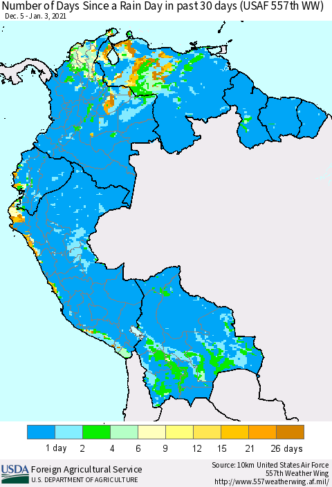 Northern South America Number of Days Since a Rain Day in past 30 days (USAF 557th WW) Thematic Map For 12/28/2020 - 1/3/2021