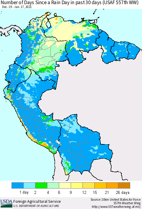 Northern South America Number of Days Since a Rain Day in past 30 days (USAF 557th WW) Thematic Map For 1/11/2021 - 1/17/2021