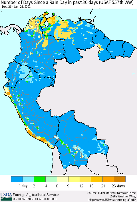 Northern South America Number of Days Since a Rain Day in past 30 days (USAF 557th WW) Thematic Map For 1/18/2021 - 1/24/2021