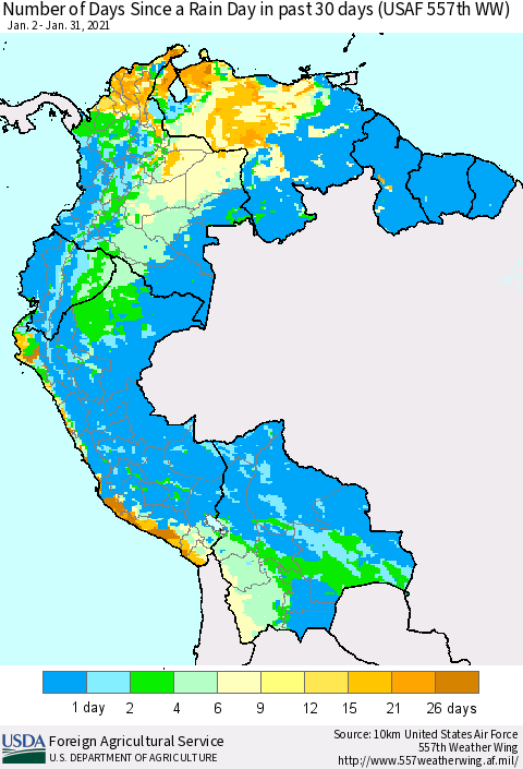 Northern South America Number of Days Since a Rain Day in past 30 days (USAF 557th WW) Thematic Map For 1/25/2021 - 1/31/2021