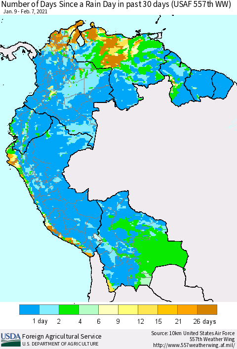 Northern South America Number of Days Since a Rain Day in past 30 days (USAF 557th WW) Thematic Map For 2/1/2021 - 2/7/2021