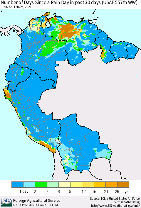 Northern South America Number of Days Since a Rain Day in past 30 days (USAF 557th WW) Thematic Map For 2/22/2021 - 2/28/2021