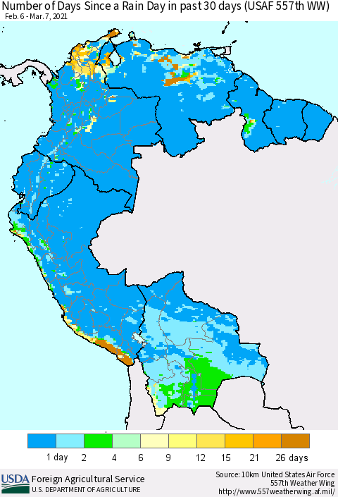 Northern South America Number of Days Since a Rain Day in past 30 days (USAF 557th WW) Thematic Map For 3/1/2021 - 3/7/2021