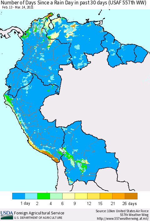 Northern South America Number of Days Since a Rain Day in past 30 days (USAF 557th WW) Thematic Map For 3/8/2021 - 3/14/2021