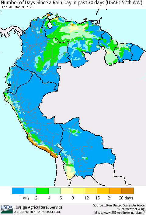 Northern South America Number of Days Since a Rain Day in past 30 days (USAF 557th WW) Thematic Map For 3/15/2021 - 3/21/2021