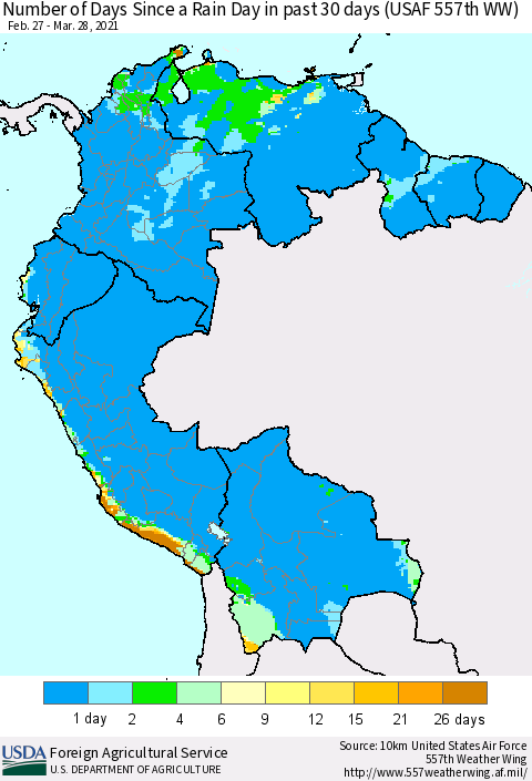 Northern South America Number of Days Since a Rain Day in past 30 days (USAF 557th WW) Thematic Map For 3/22/2021 - 3/28/2021