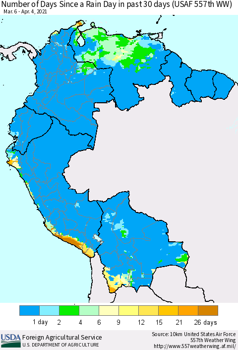 Northern South America Number of Days Since a Rain Day in past 30 days (USAF 557th WW) Thematic Map For 3/29/2021 - 4/4/2021