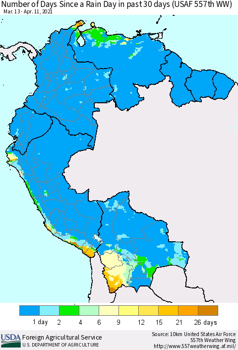 Northern South America Number of Days Since a Rain Day in past 30 days (USAF 557th WW) Thematic Map For 4/5/2021 - 4/11/2021