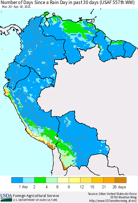 Northern South America Number of Days Since a Rain Day in past 30 days (USAF 557th WW) Thematic Map For 4/12/2021 - 4/18/2021
