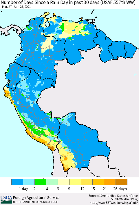 Northern South America Number of Days Since a Rain Day in past 30 days (USAF 557th WW) Thematic Map For 4/19/2021 - 4/25/2021