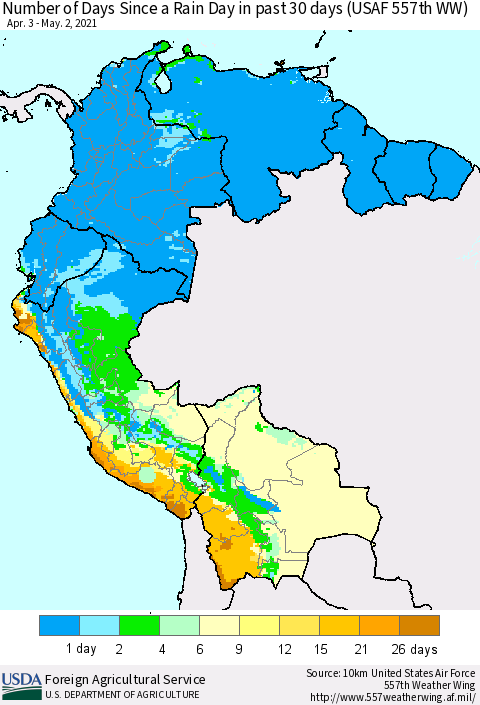 Northern South America Number of Days Since a Rain Day in past 30 days (USAF 557th WW) Thematic Map For 4/26/2021 - 5/2/2021