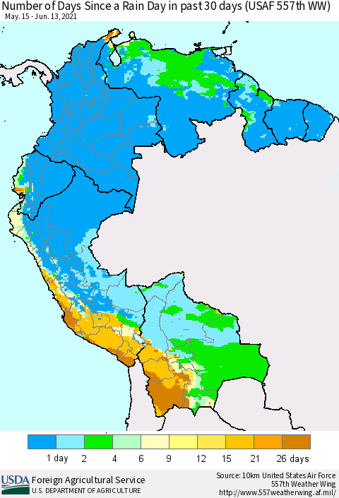 Northern South America Number of Days Since a Rain Day in past 30 days (USAF 557th WW) Thematic Map For 6/7/2021 - 6/13/2021