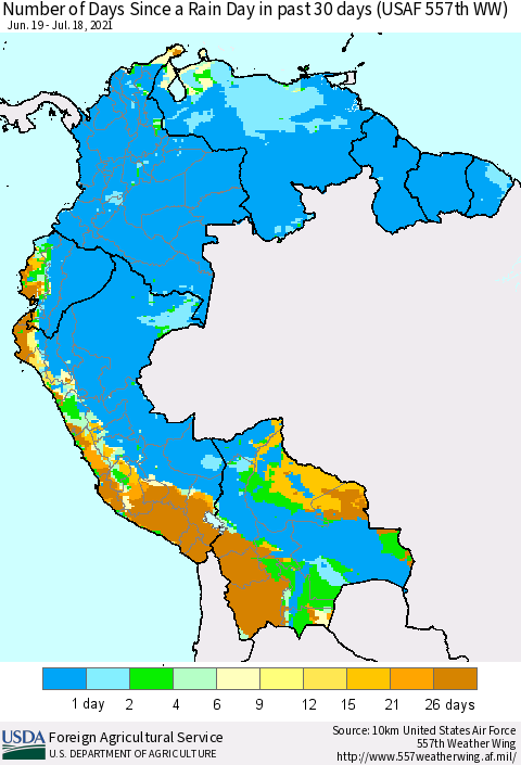 Northern South America Number of Days Since a Rain Day in past 30 days (USAF 557th WW) Thematic Map For 7/12/2021 - 7/18/2021