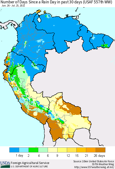 Northern South America Number of Days Since a Rain Day in past 30 days (USAF 557th WW) Thematic Map For 7/19/2021 - 7/25/2021