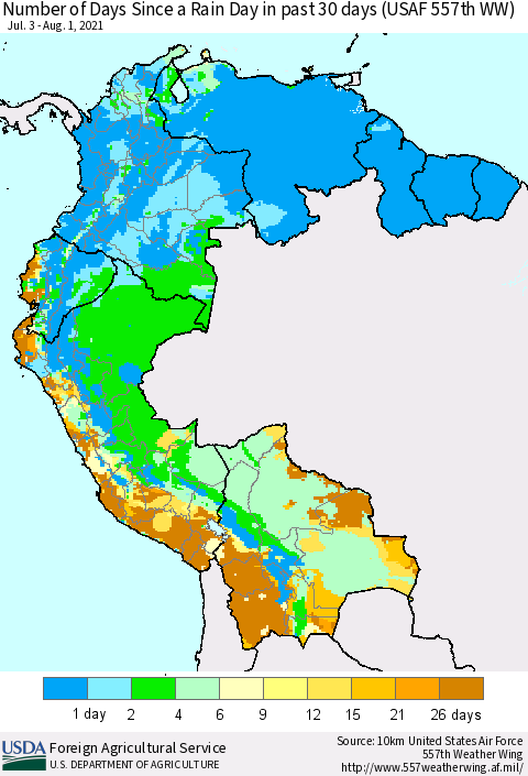 Northern South America Number of Days Since a Rain Day in past 30 days (USAF 557th WW) Thematic Map For 7/26/2021 - 8/1/2021