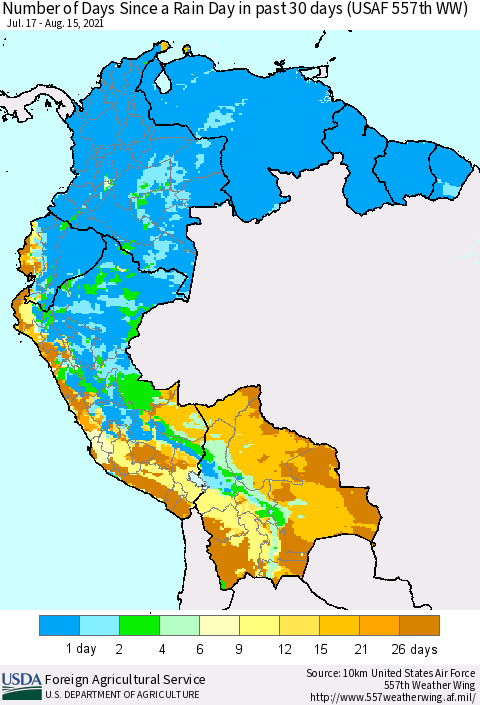 Northern South America Number of Days Since a Rain Day in past 30 days (USAF 557th WW) Thematic Map For 8/9/2021 - 8/15/2021