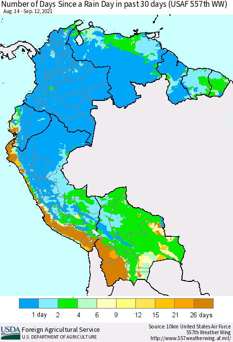 Northern South America Number of Days Since a Rain Day in past 30 days (USAF 557th WW) Thematic Map For 9/6/2021 - 9/12/2021