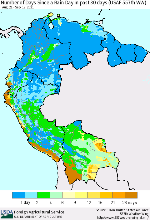 Northern South America Number of Days Since a Rain Day in past 30 days (USAF 557th WW) Thematic Map For 9/13/2021 - 9/19/2021