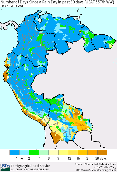 Northern South America Number of Days Since a Rain Day in past 30 days (USAF 557th WW) Thematic Map For 9/27/2021 - 10/3/2021