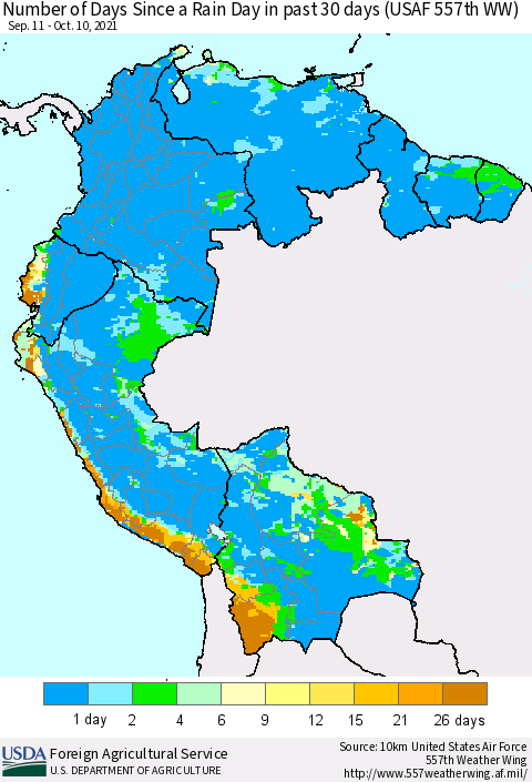 Northern South America Number of Days Since a Rain Day in past 30 days (USAF 557th WW) Thematic Map For 10/4/2021 - 10/10/2021