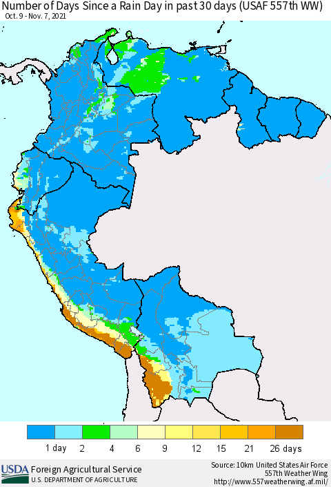 Northern South America Number of Days Since a Rain Day in past 30 days (USAF 557th WW) Thematic Map For 11/1/2021 - 11/7/2021
