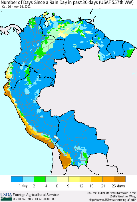 Northern South America Number of Days Since a Rain Day in past 30 days (USAF 557th WW) Thematic Map For 11/8/2021 - 11/14/2021