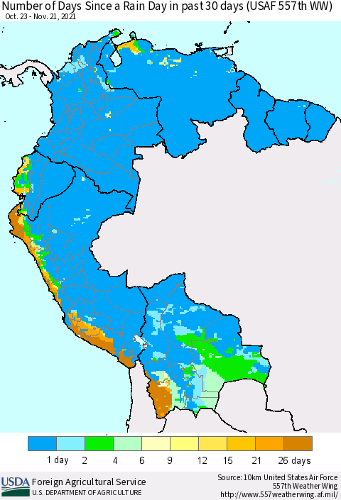 Northern South America Number of Days Since a Rain Day in past 30 days (USAF 557th WW) Thematic Map For 11/15/2021 - 11/21/2021