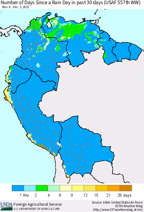 Northern South America Number of Days Since a Rain Day in past 30 days (USAF 557th WW) Thematic Map For 11/29/2021 - 12/5/2021
