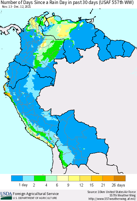 Northern South America Number of Days Since a Rain Day in past 30 days (USAF 557th WW) Thematic Map For 12/6/2021 - 12/12/2021