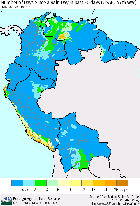 Northern South America Number of Days Since a Rain Day in past 30 days (USAF 557th WW) Thematic Map For 12/13/2021 - 12/19/2021